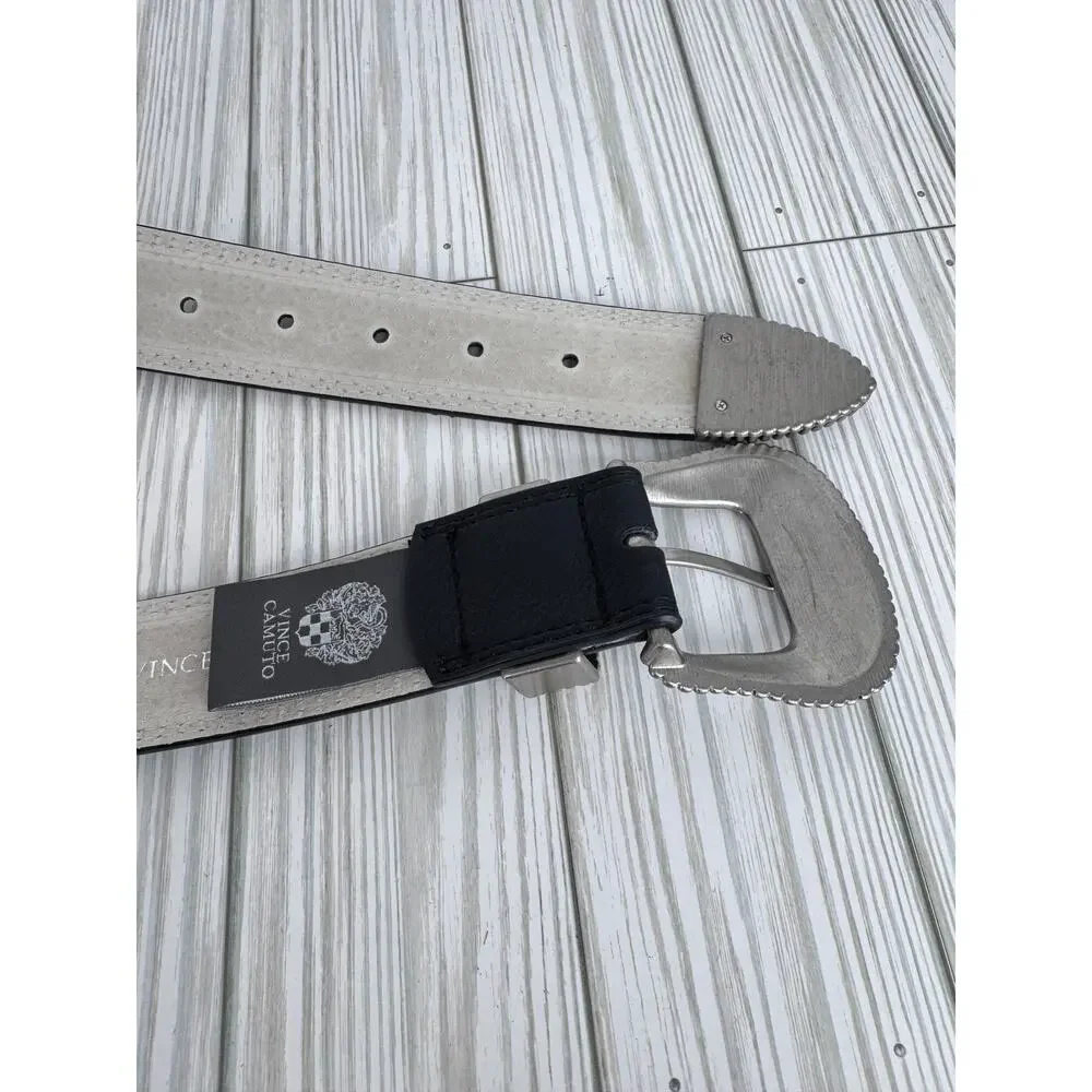 Vince Camuto belt large western ornate silver tone buckle vegan black leather